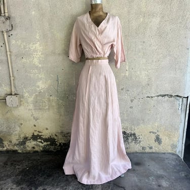 Vintage 1930s Pink Linen Dress Set Blouse & Skirt Ruching Maxi Cotton Daywear