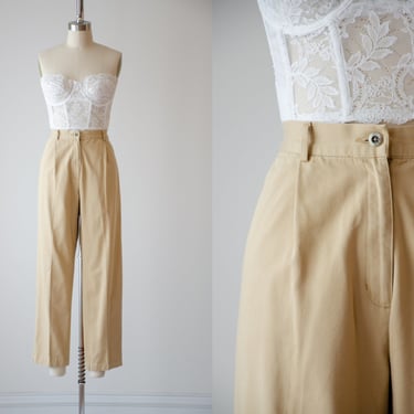 high waisted pants | 90s vintage L.L. Bean straight leg beige tan khaki cotton straight leg trousers 