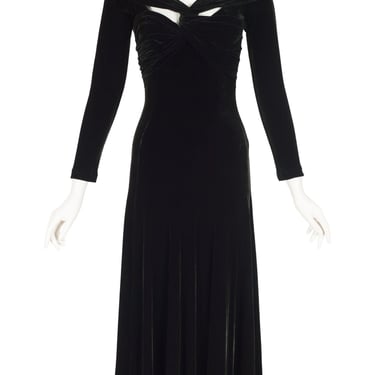 Caché 1990s Vintage Black Velour Twist Bust Evening Dress Sz XS S 