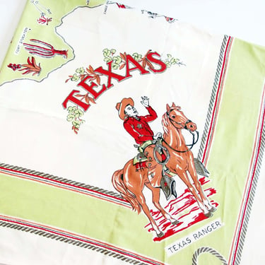 Vintage 1950s Texas Cowboy Square Tablecloth - Retro 50s Illustrated Texas State Cotton Cloth Dallas Houston San Antonio Austin Green Red 