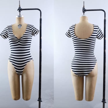 Vintage 80s Stevi Brooks Striped Leotard – Black & White Twist Front Bodysuit – Medium – Aerobics Jazzercise Dancewear 