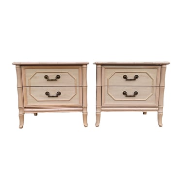 Set of 2 Vintage Faux Bamboo Nightstands FREE SHIPPING - White Wash Broyhill Hollywood Regency Coastal Boho Chic Furniture 