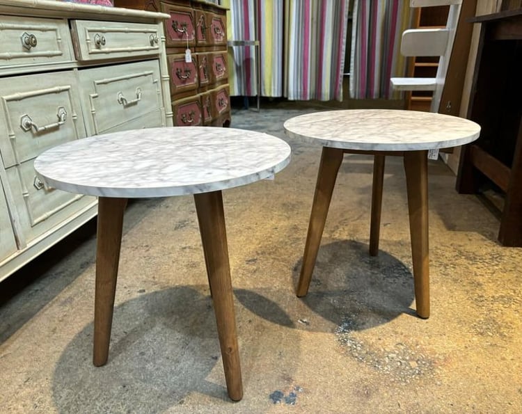 Faux marble top cocktail tables 18” across, 18” high Call 202-232-8171 to purchase