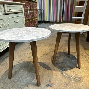 Faux marble top cocktail tables 18” across, 18” high Call 202-232-8171 to purchase