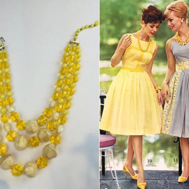 Cressida Parker Could Never Keep a Secret - Vintage 1950s 1960s Sunflower Yellow 3 Strand Cut Lucite Necklace 