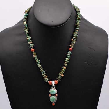 Tribal 70's coral turquoise sterling affixed pendant, 925 silver red beads green nuggets hippie necklace 