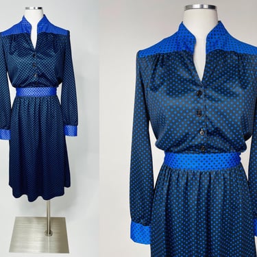 1970s Black & Blue Long Sleeve Polka Dot Shirt Dress | Vintage, Retro, New Wave, Cute, Modest, From TV Show Snowfall 