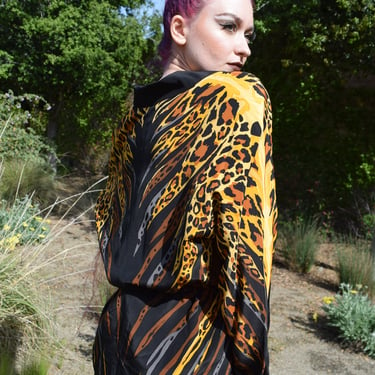 Animal Print Silk Vintage 80s Zip Front Jacket Leopard Tiger Sz S M L 