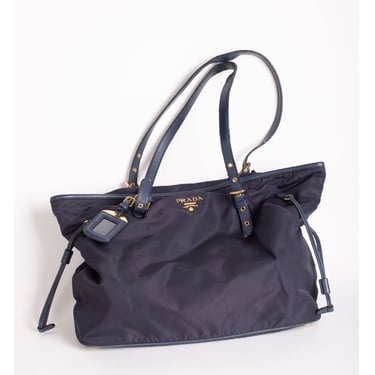 Vintage PRADA Navy Blue Tessuto and Saffiano Leather Nylon Tote Bag with Gold Hardware Large Shopper 