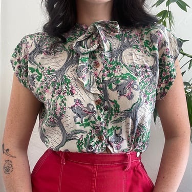 1940s Silk Novelty Print Bulls and Trees Blouse with Pussy Bow and 