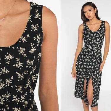 Black Floral Sundress 90s Midi Dress Sleeveless Boho Grunge