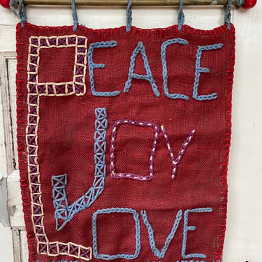 Vintage 70's Hand Made Peace Joy Love Wall Hanging, Hand Stitched Burlap, Positive Affirmations, 70's Love, Boho Hippie 