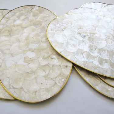 Vintage 80s Capiz Shell Placemats Set of 6  AS IS Condition Issues - Large Oval Pearlescent Shell Mats Gold Brass Trim Cork Back 