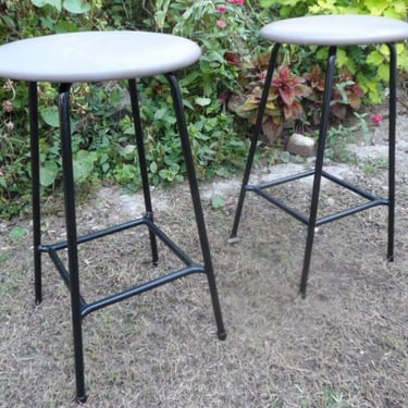 Pair Of Vintage Steel Frame Stools, Barstools Metal, Patina, Industrial Workshop 