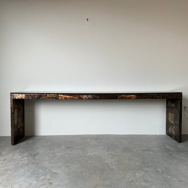 Oversize Paul Evans  Mixed Metal   Hand-Welded   Patchwork Console Table with Smoked Glass Top 