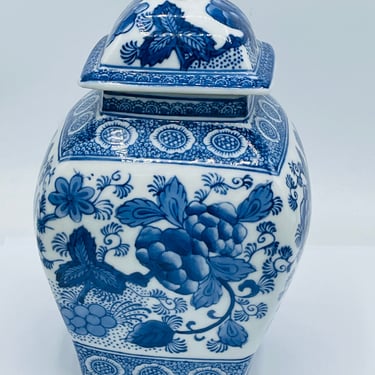 Vintage Blue & White Porcelain Ginger  Jar with hand painted floral design- 9" tall 