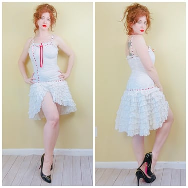 1960s Vintage White Eyelet Cotton Cha Cha Dress / 60s / Sixties Red Ribbon Lace Ruffled Bombshell Dress / Sie XS - Small 