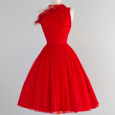 Fabulous 1950's Emma Domb Cherry Bomb Red Chiffon Party Dress / Small