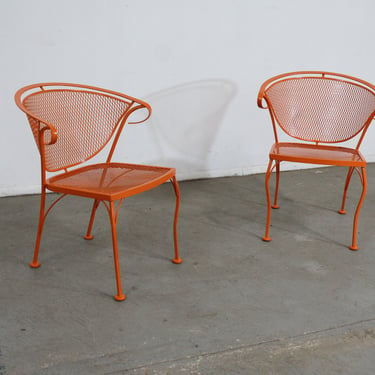 Pair of Mid-Century Modern Atomic Orange Salterini Style Outdoor Metal Curved Back Chairs Set B 