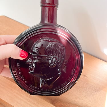 Red Glass Harry S Truman Wheaton Bottle. Vintage Colored Glass Decanter. Presidential Memorabilia First Edition Carnival Bottle. 