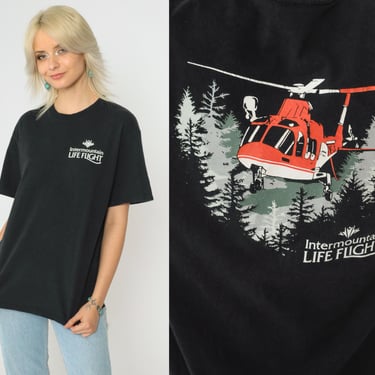 Y2K Intermountain Life Flight T-Shirt Black Helicopter Ambulance Graphic Tee Short Sleeve 00s Medical Shirt Small Medium 