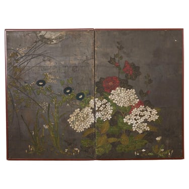 Japanese Rimpa Two Panel Screen Moonlit Landscape with Flowers