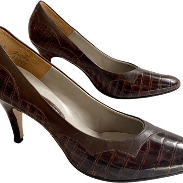 70s Brown Faux Reptile Pumps High Heels 8 By Daisy