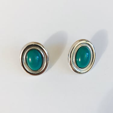 90s Oval Turquoise and Silver Toned Pierced Earrings 