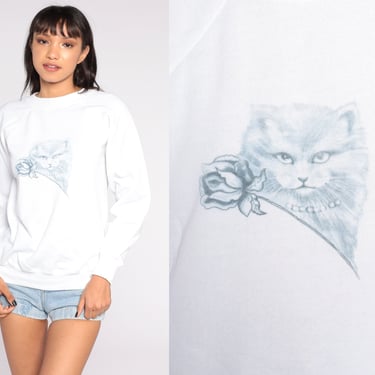 Cat Sweatshirt Rose Kitten Sweater 80s Animal Sweatshirt Vintage 90s Graphic Retro White Novelty Print Medium 