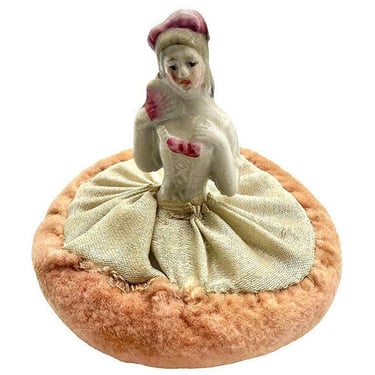 Mid-century German Porcelain Boudoir Doll Powder Puff Pin Cushion 