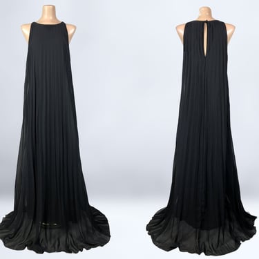 VINTAGE 90s Y2K Black Sheer Pleated Chiffon Maxi Tent Dress 70s Style | Extra Long 1990s 2000s Layered Gothic Cocktail Party Dress | VFG 