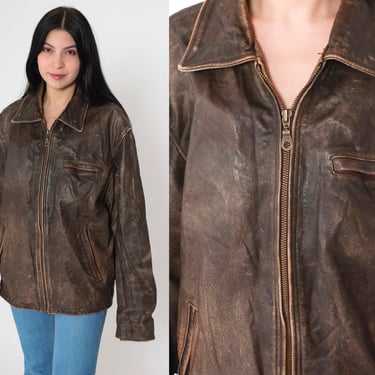 Brown Leather Pilot Jacket 90s Bomber Jacket Patina Flight Biker Moto Coat Motorcycle Jacket Zip Up 1990s Vintage Wilson's Men's Large L 