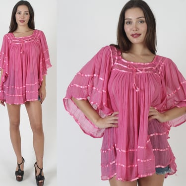 Pink Gauze Micro Mini Dress / Angel Kimono Sleeves Floral Crochet Lace / Solid Color Sheer Tunic Blouse 