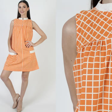 60s Gingham Scooter Mini Dress, Oversized Zip Up Shift, Womens Patch Pocket Sundress 