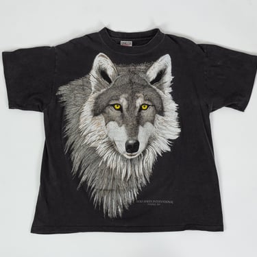 90s Wolf Haven International Big Print T Shirt - Large | Vintage Faded Black Graphic Animal Tee 