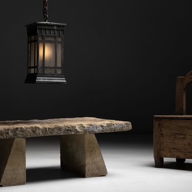 Bronze Garden Lantern / Stone Coffee Table / Primitive Oak Chair