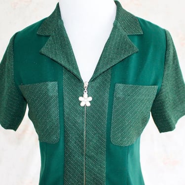 Vintage 70s Zipper Front Shirt, 1970s Collared Shirt, Patchwork, Color Block, Green, Short Sleeve, Pockets 