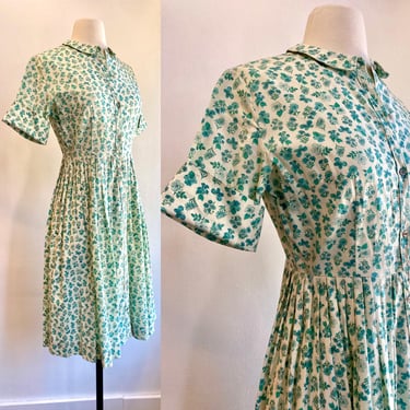 Vintage 50s Day Dress / Cotton Flower + Butterfly Floral Print Dress / Full Pleated Skirt + Tiny Buttons / Darling 