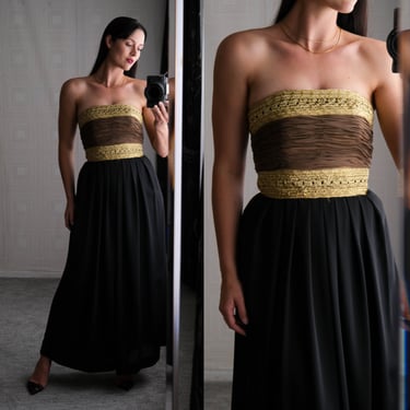 Vintage 90s Black Silk Strapless Corset Gown w/ Golden Weave & Mocha Ruched Bodice Design  | 100% Silk | 1990s Designer Silk Party Dress 