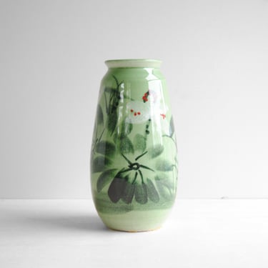 Vintage Celadon Green Vase with Hand Painted Flower Design 