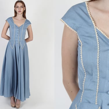 1940s Antique Lounge House Dress Blue Eyelet Lace 70s Country Prairie Maxi 