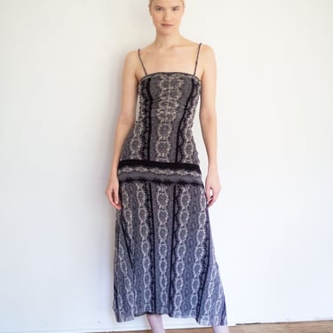 Vintage Jean Paul Gaultier 1990s Paisley Print Mesh Ruched Maxi Dress with Removable Straps Size XS S  90s Y2K Gray Black Tube Slip JPG 