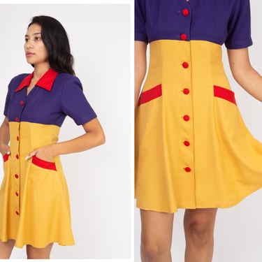 Vintage 1980s 80s Purple Mustard Red Color Block Button Up Mini Dress w/ Fit & Flare Silhouette 