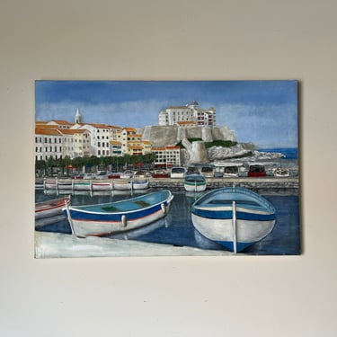Vintage Italian Fishing - Harbor Village Scene Oil Painting 