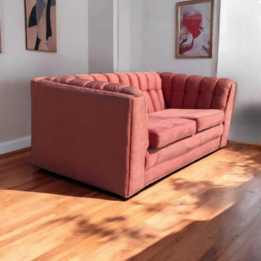 Vintage 1980s Tufted Sofa – Postmodern Loveseat in Rose Upholstery, Milo Baughman Style, 67