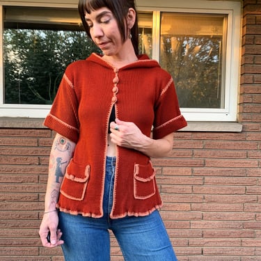 70s red orange knit hooded short sleeve sweater 