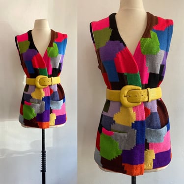 Vintage 70s ABSTRACT HAND KNIT Vest / Pockets / One-of-a-Kind 