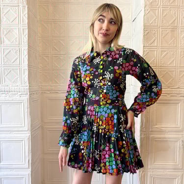 Vintage 1960s Mod Mini Dress Black and Multi Floral with Yellow Flower Buttons Ruffled Trim XS 