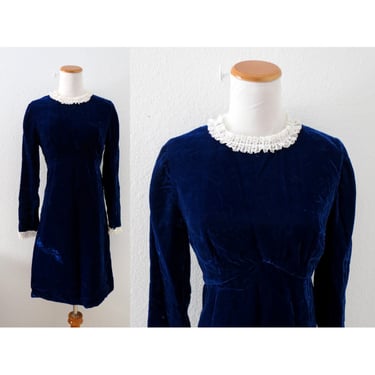 Vintage 60s Velvet Dress Dark Blue Long Sleeve Mod 1960s Holiday Cocktail Dress - Size Small 