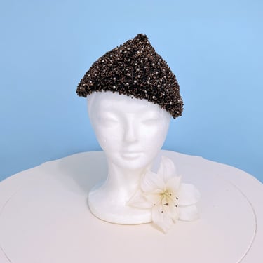 Vintage 1960s Evening Cocktail Beaded Beehive Hat, Vintage 60s Chic Cone Shaped Mod Hat 